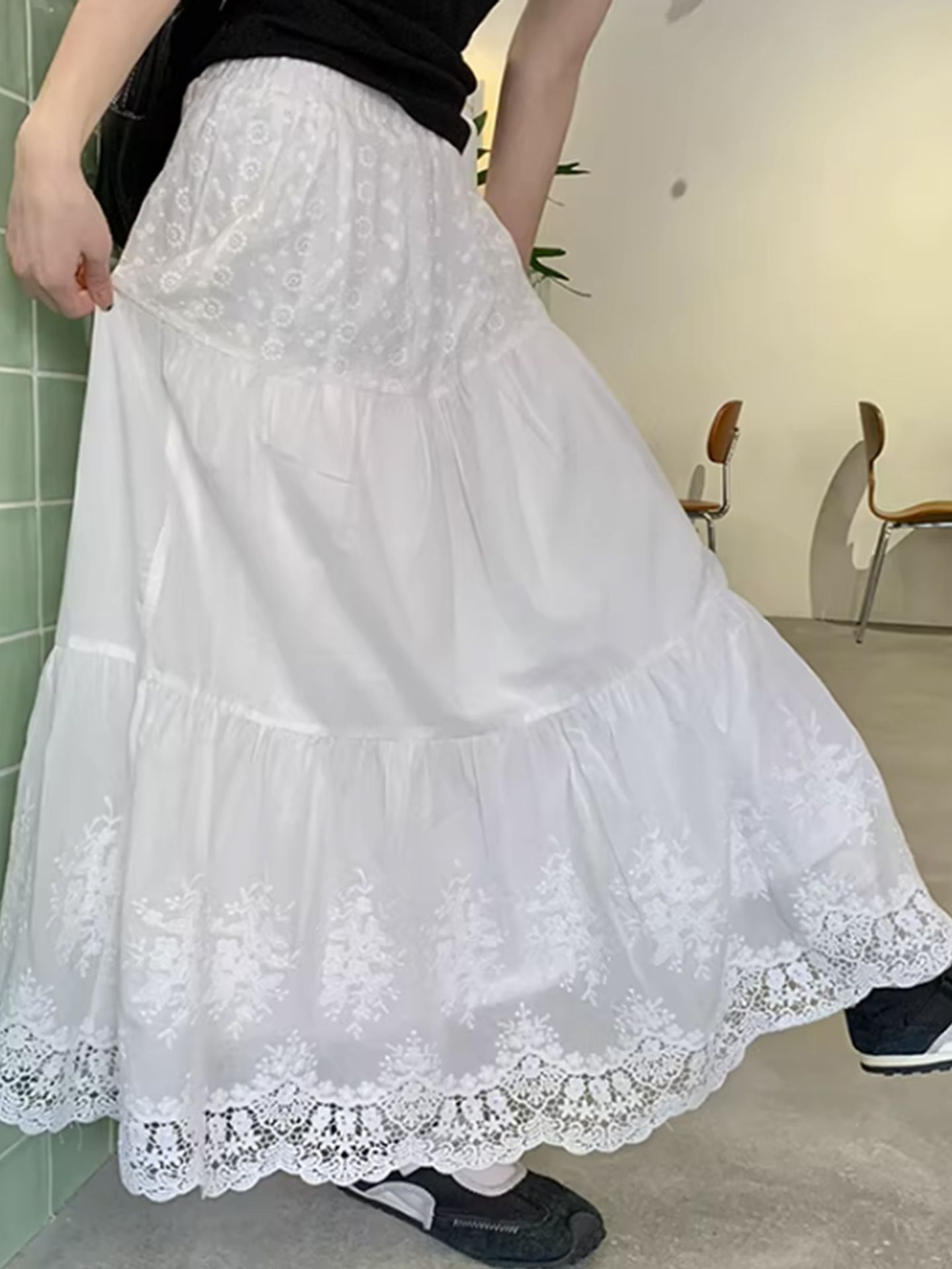 26 Spring/Summer New [Pure Cotton + Lace] Elastic High Waist Sweet Crochet White Patchwork Layered Skirt 22889