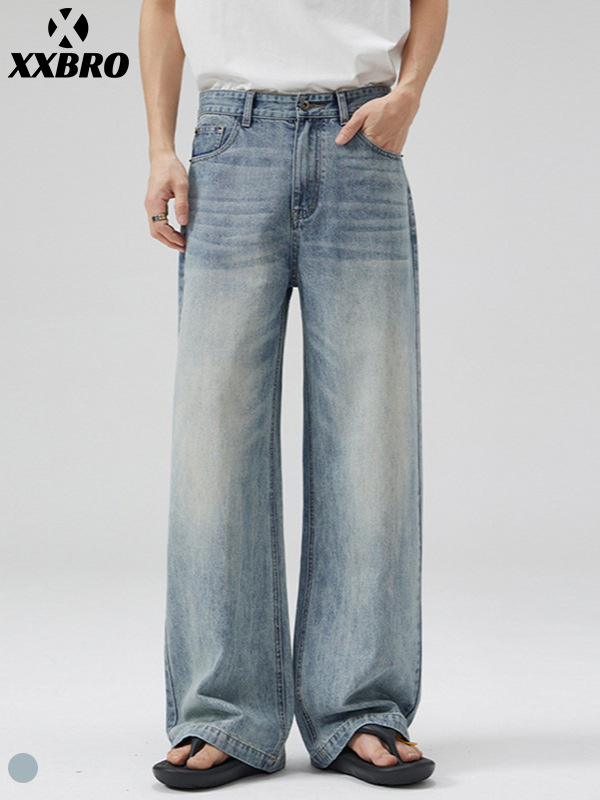 Muxi Clothing # Basic Versatile Washed Blue Vintage Trendy A-Line High-Waisted Jeans for Men and Women, Straight-Leg Pants.