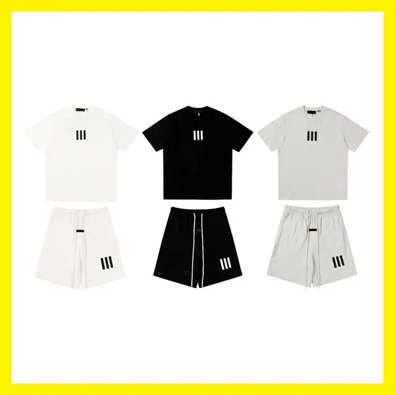 Cross-Border Wholesale of Trendy Brand Essentials Collaboration Three-Stripe Short-Sleeve T-Shirt and 5-Point Shorts Set