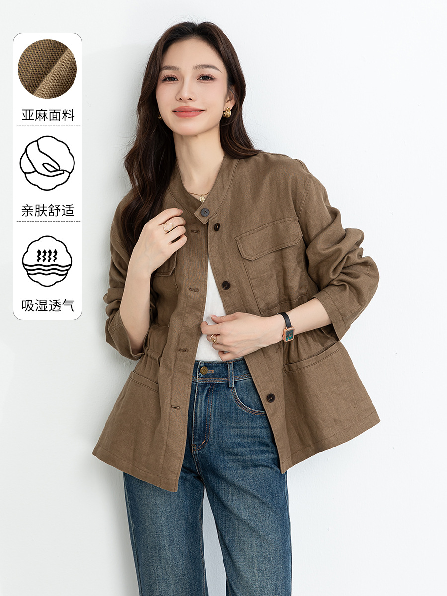 Xingechun New Style Old Money Style Stand Collar Tie Waist Linen Long Sleeve Work Jacket Coat for Petite Women
