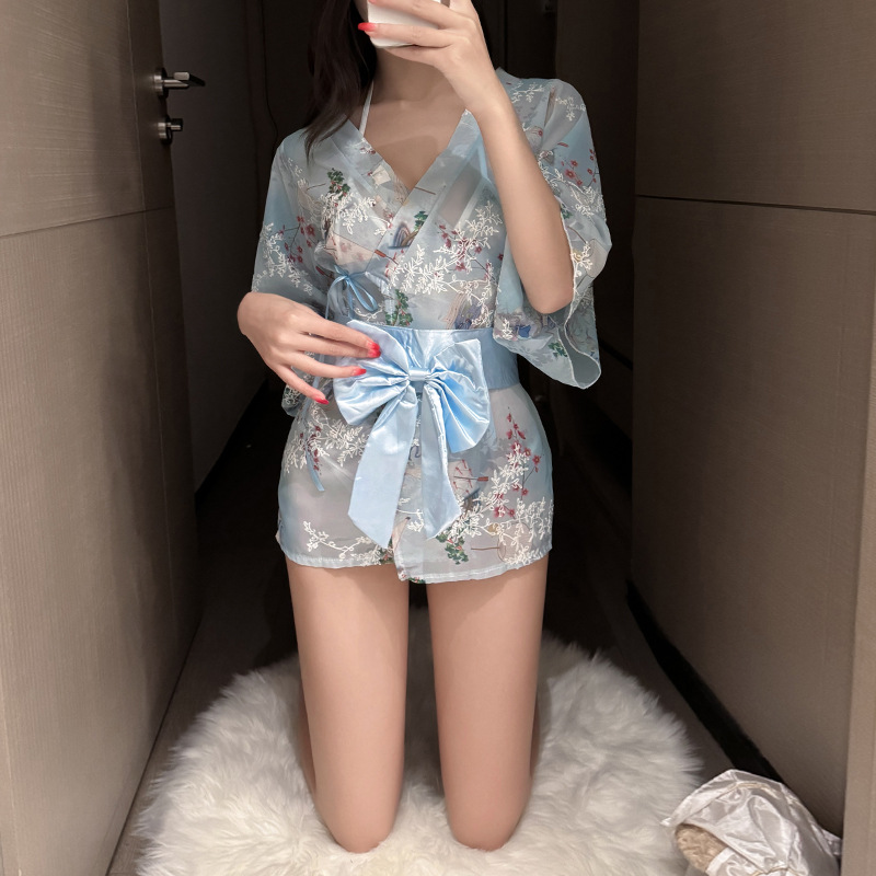 Sexy Underwear Chiffon Kimono Bathrobe suit Uniform Temptation Print Japanese Bow Sexy Japanese Pajamas New