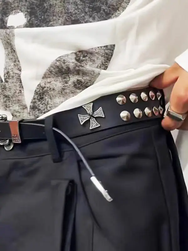 Erd Melancholic Rich Second Generation 23 New Model Double Stud Cross Imported Top Layer Cowhide Punk Distressed Leather Belt