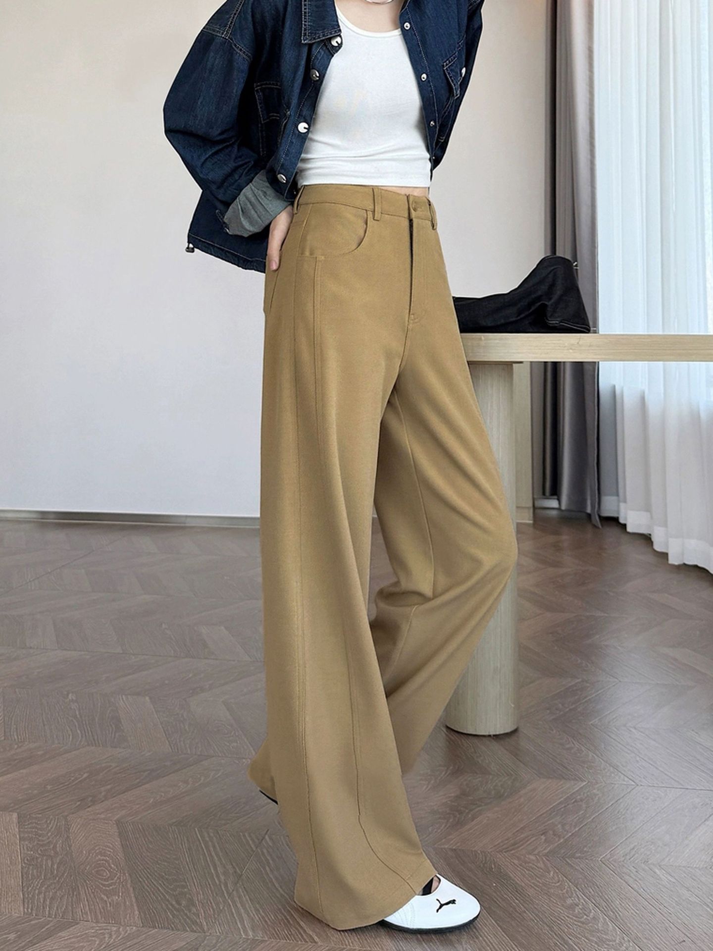 26 Spring New Style Wool Suit Wide-Leg Pants High-Waisted Drapey Narrow Version Imitation Denim Straight Pants 25768