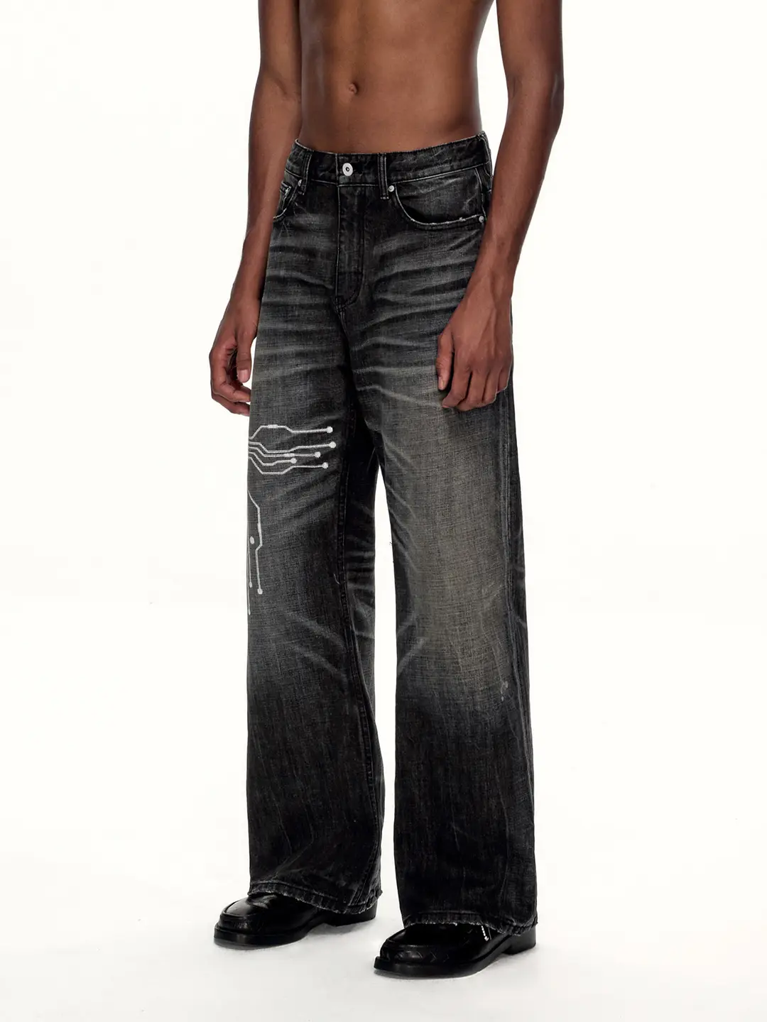 Emobrother* Spray Horse Handmade Cat Whisker Pattern Washed Straight-leg Denim Retro Distressed Casual pants