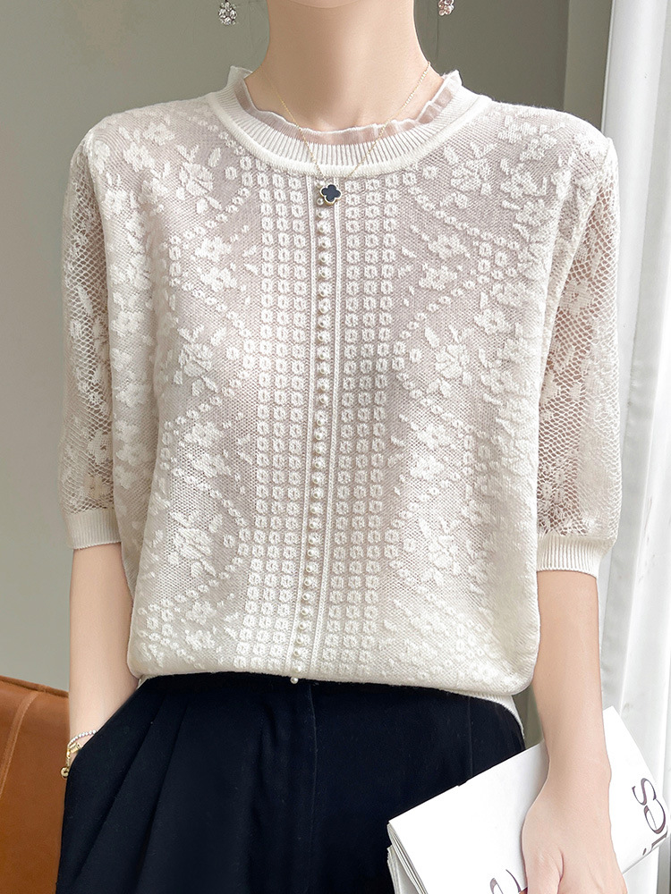 Ear Collar Knitted Short-sleeved Women's T-shirt Three-dimensional Crochet Lace Stitching Lightweight Base Half-sleeved Top Romantic and Beautiful