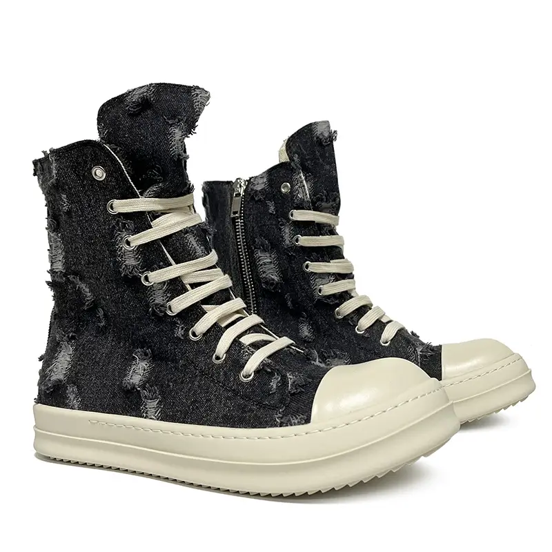 New Spring Ripped Denim Casual Canvas Men's Shoes rricowees High Top Shoes Black and White Milk Fragrance Thick Sole for Men and Women
