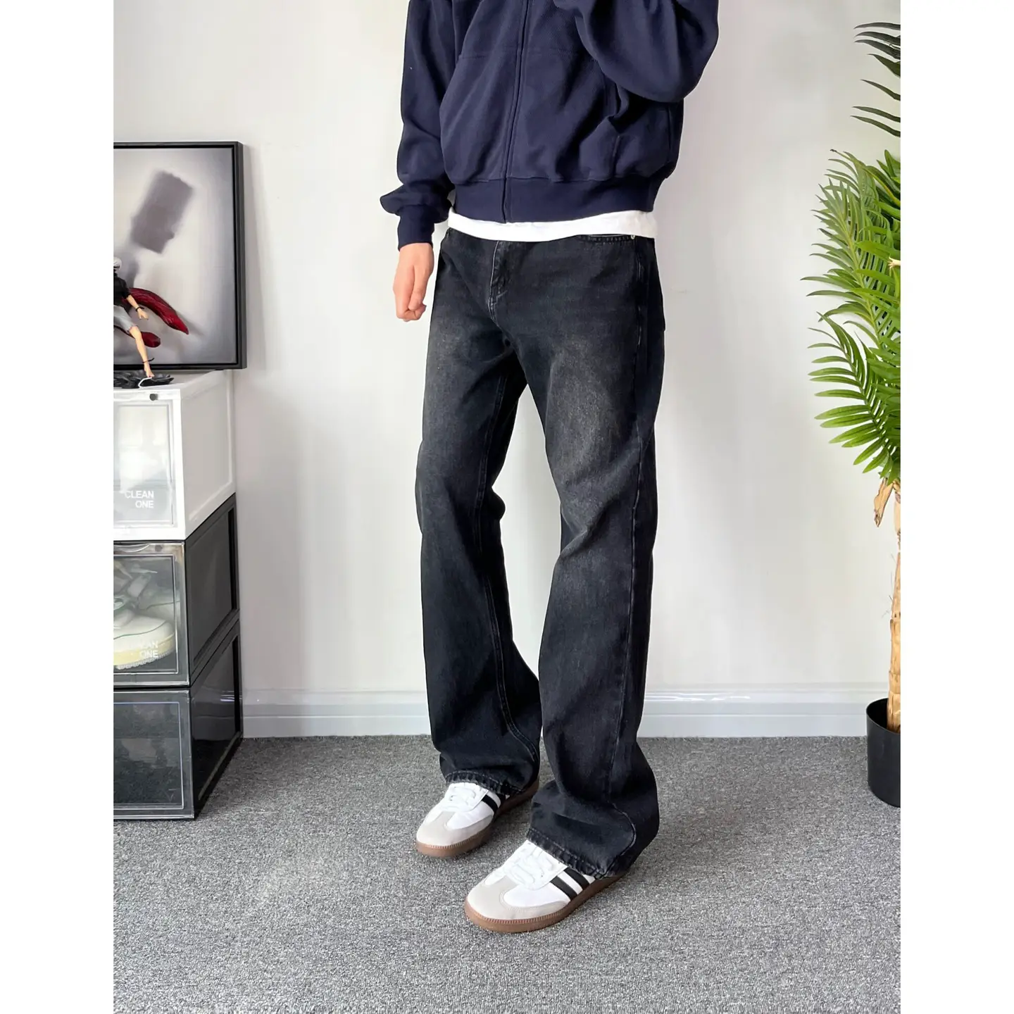 Poplar Classic Black Flared Washed Versatile Cleanfit Pants for Men and Women