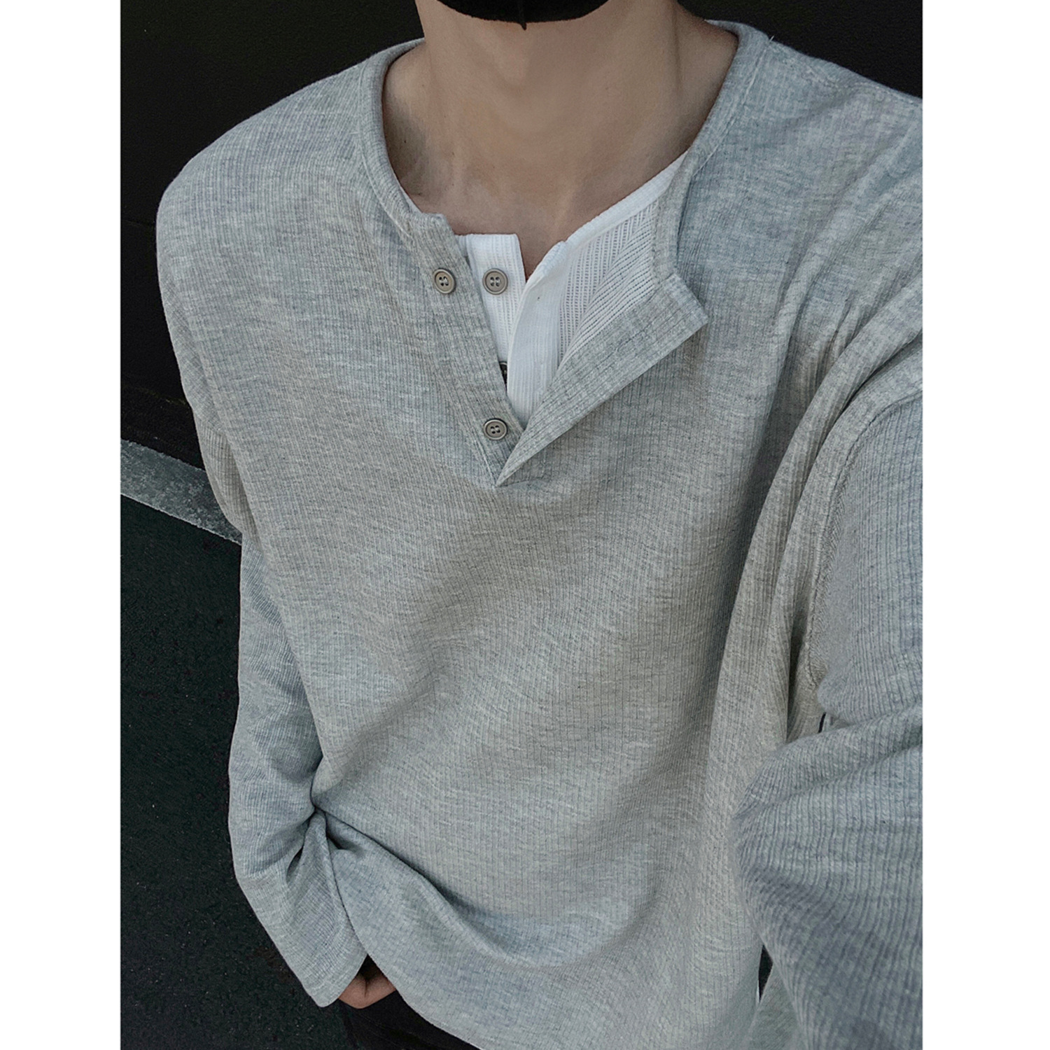 Grey Fake Two-piece Long-sleeved Henry Collar T-shirt Boys Fall Wear Loose Sweater Men's Korean-style Inner Base Shirt T
