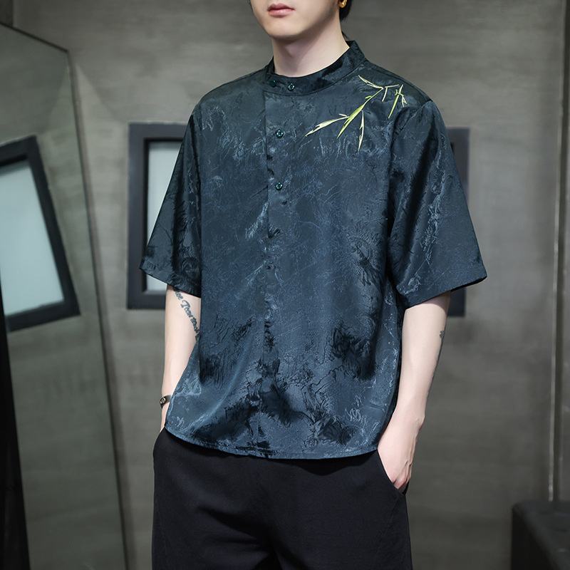 Summer New Ice Silk New Chinese Style Vertical Collar Bamboo Leaf Embroidered Short-sleeved T-shirt Chinese Style Ethnic Tang Suit Short-sleeved Men's Trendy