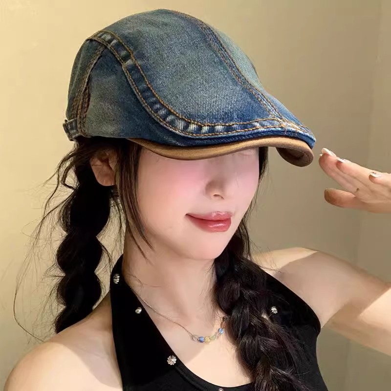 Washed Denim Forward Cap for Women, Spring and Summer Style, Japanese Retro Style, Face-Slimming Duckbill Cap, Worn Backwards, Large Head Circumference Beret Hat