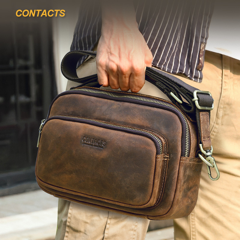 Black Angel Vintage Crazy Horse Cowhide 7.9 Inch IPAD Men's Shoulder Crossbody Bag Casual Genuine Leather Men's Handbag
