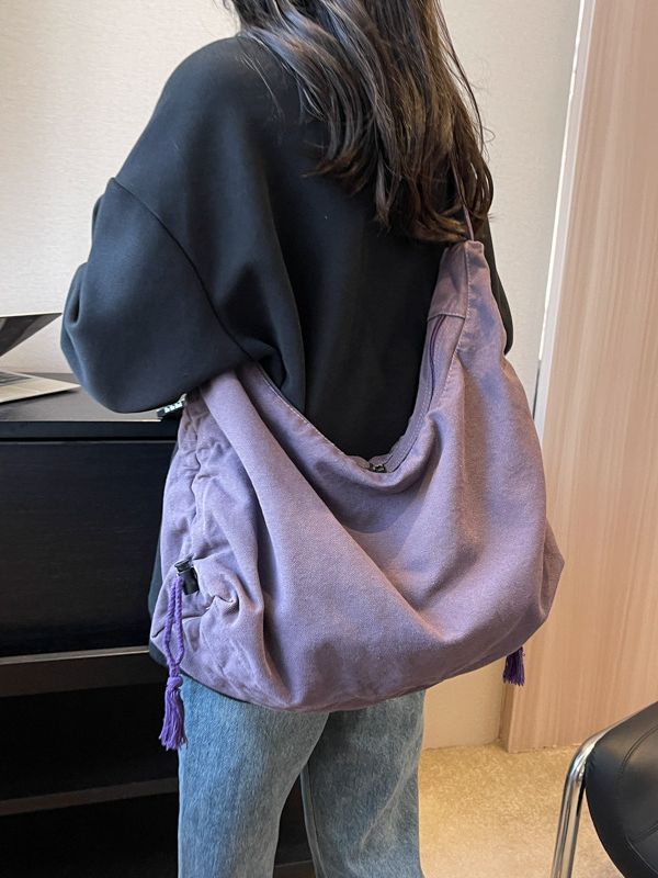 New Japanese and Korean Heavy Industry Washed Canvas Crossbody Bag Women's Large Capacity Casual Shoulder Cloth Bag Trendy Distinctive Drawstring Backpack
