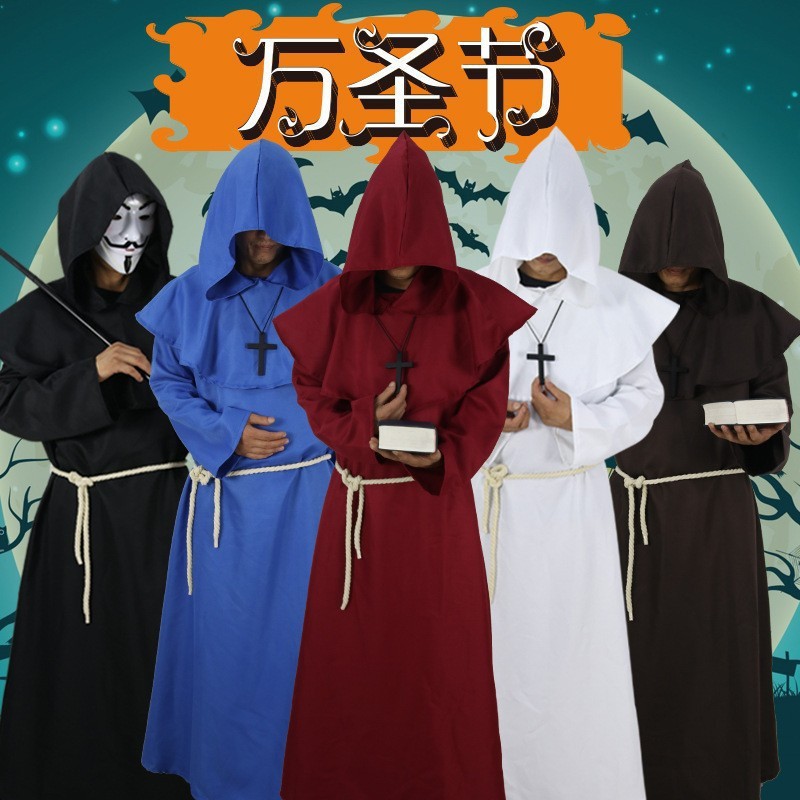 Halloween Adult Priest Costume Monk Suit Priest Attire Missionary Cloak Black Priest Robe Cross-Border