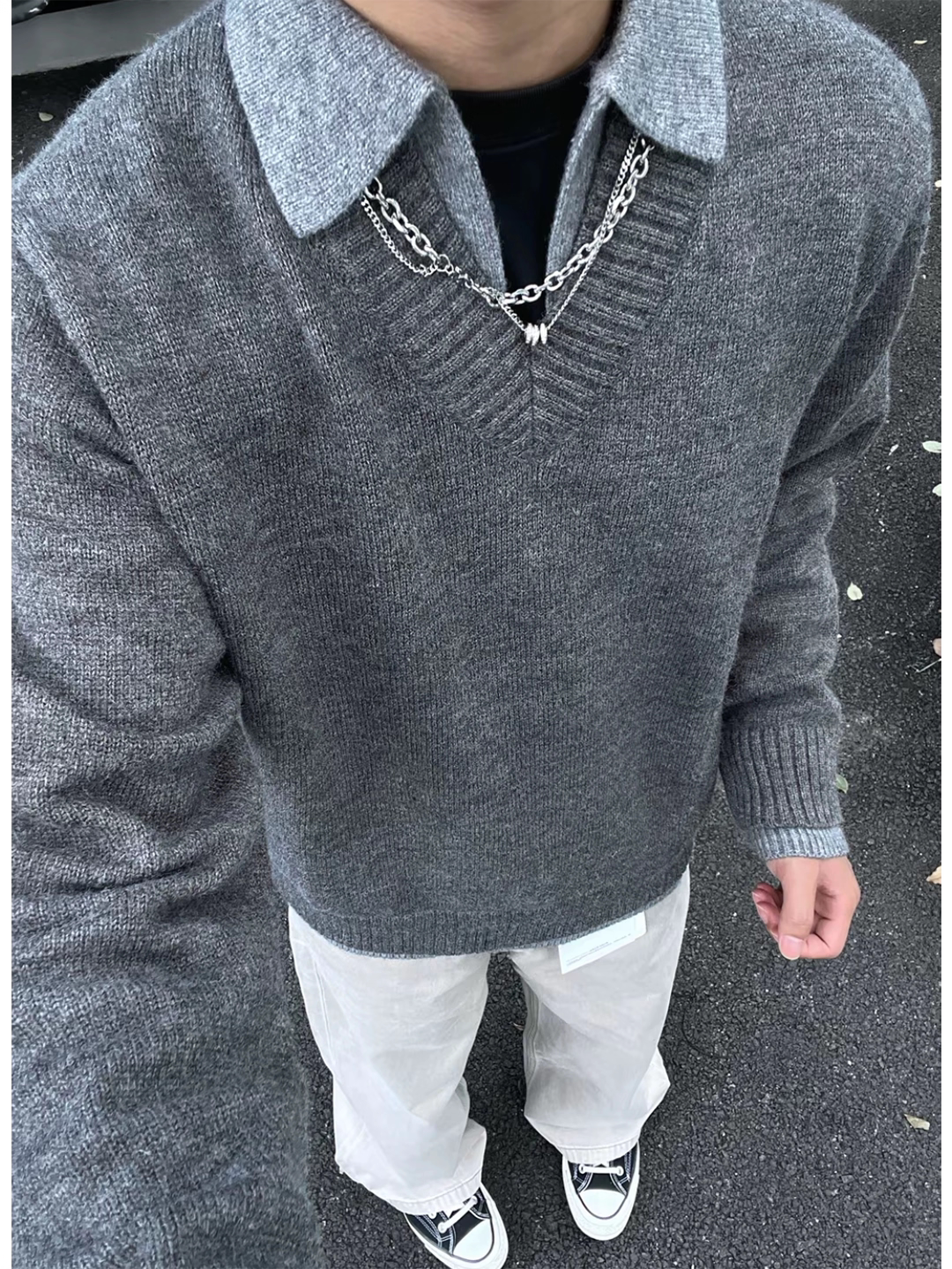 American Retro Vintage Style Fake Two-Piece V-Neck Sweater for Men and Women, Clean Fit Loose Lapel Knit Top Trendy photo QC de TAOBAO sur Qualit.ly