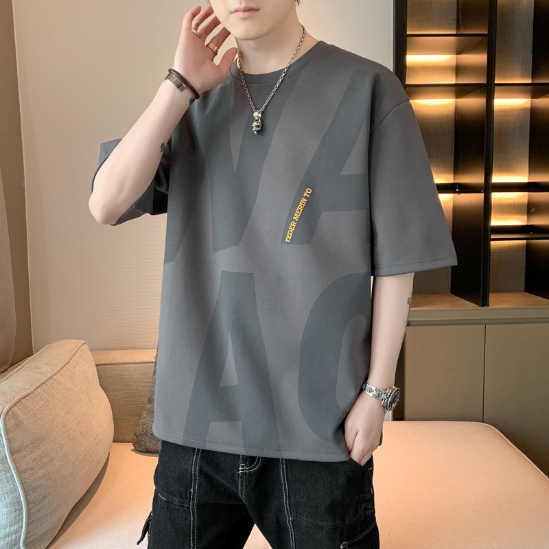 Short-Sleeved T-Shirt Men's Summer 2025 New Trendy Brand Loose Thin Ice Silk Right Shoulder Plus Size Half-Sleeved T-Shirt