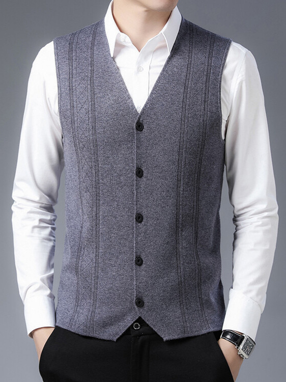 Wool Vest Men's Middle-aged Cardigan Sleeveless Cardigan Jacquard Knitted Vest for Middle-aged Men's Wear