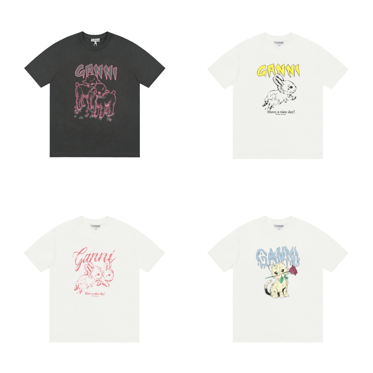 2025 New Summer Oan Letter Animal Smiley Face Print Internet Celebrity Same Style Round Neck Loose Short-Sleeved T-Shirt for Men and Women