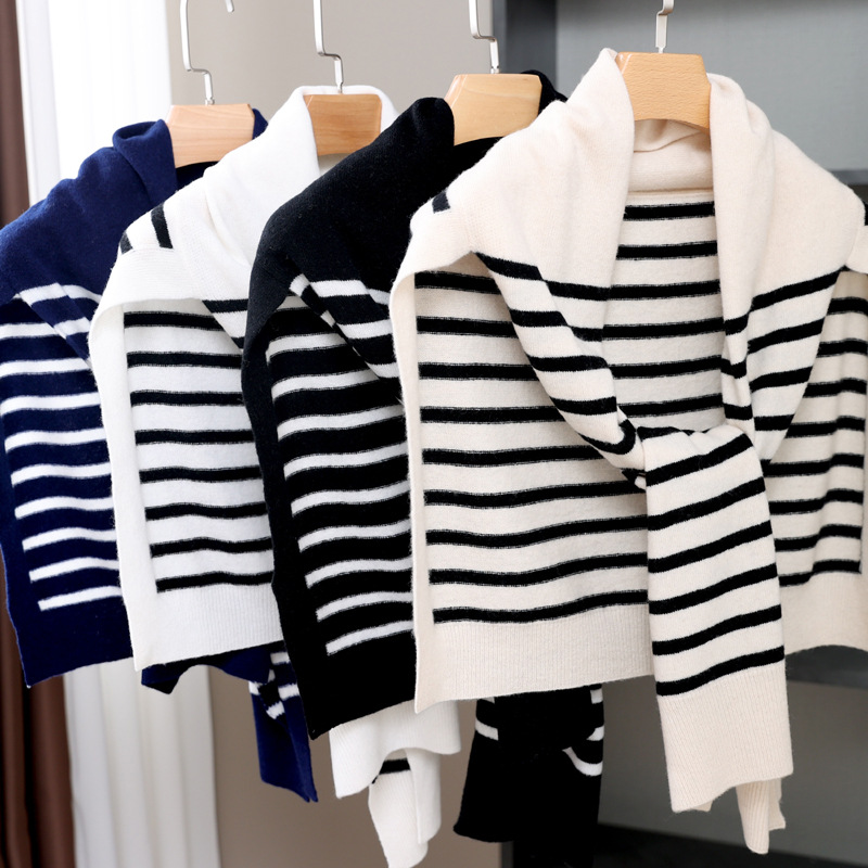Korean-style fashion all-match knitted small shawl 100 wool all-match shawl-style black and white striped knitted