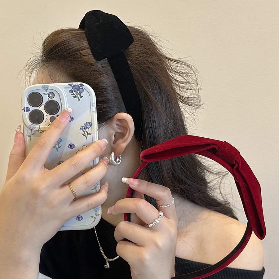 Zhao Lusi Same Style Headband Ankle Red Bow Velvet Headband New High Sense High Cranial Top Headband Hair Accessories