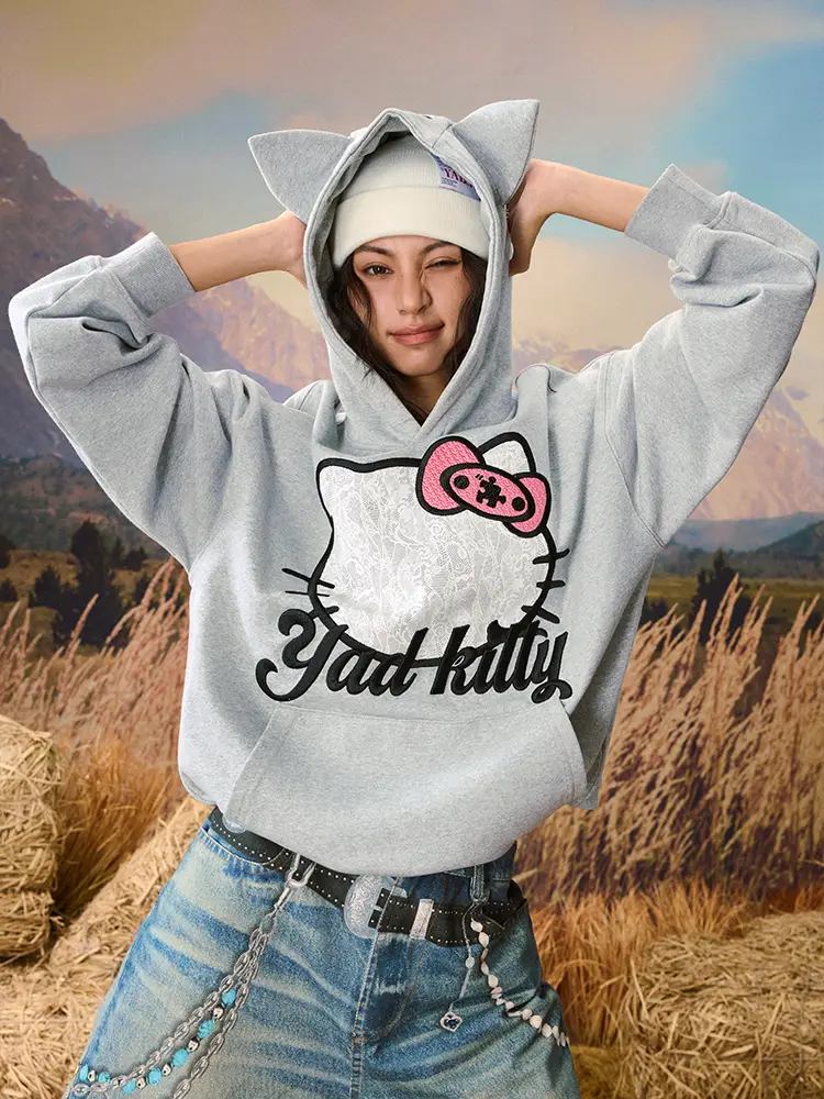 Yadcrew Lace Cat Stereo Embroidered Hooded Sweatshirt Autum Loose American Street Tops