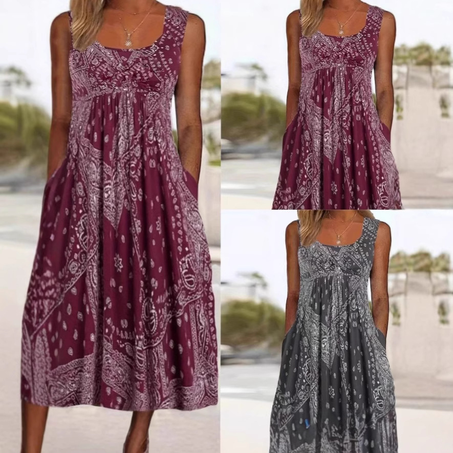 European Size Cross-Border Foreign Trade Dress, Vintage Round Neck Tank Dress, Loose Casual Vacation Style, Printed Pocket Sleeveless Dress