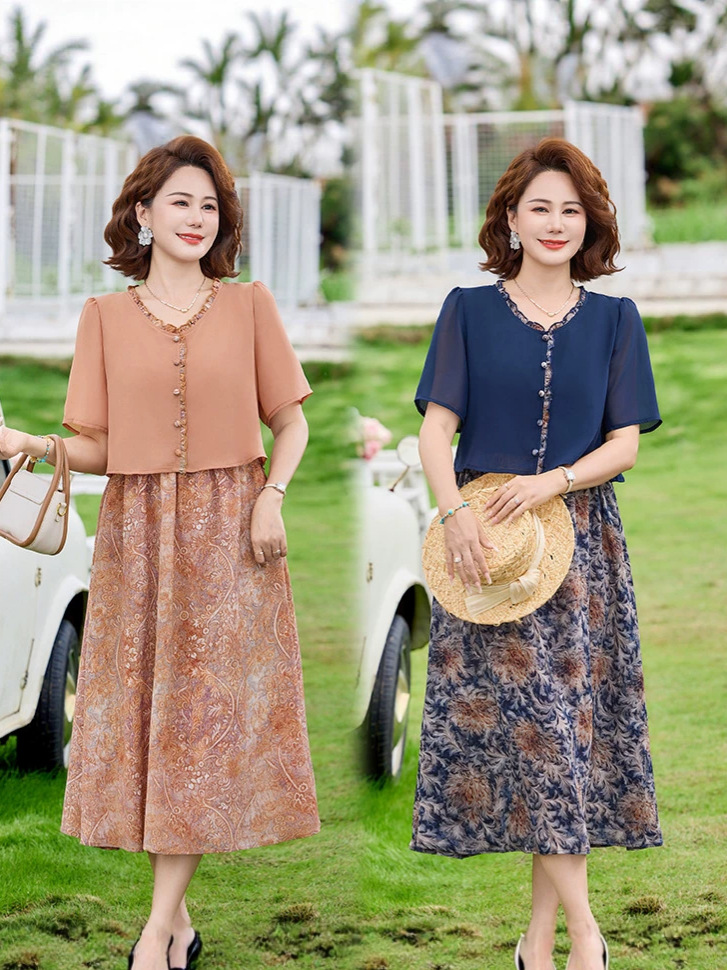 Mom's New Summer Style Two-Piece Chiffon Short-Sleeve Dress for 50-Year-Old Middle-Aged Women, Tummy-Concealing, Breathable, Mid-Length Dress