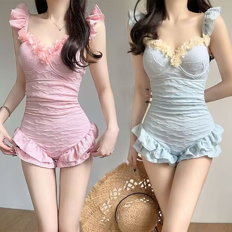One-Piece Swimsuit for Women with Lace, Square-Neck, Strap, Summer, Trendy, Concealing, Slimming, Conservative, 2025 New Style, Fresh Swimwear