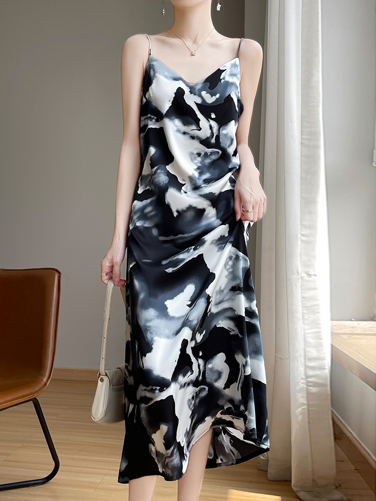 French High-End Printed Imitation Silk V-Neck Suspender Dress Summer New Style Acetate Satin Sleeveless Long Dress for Women