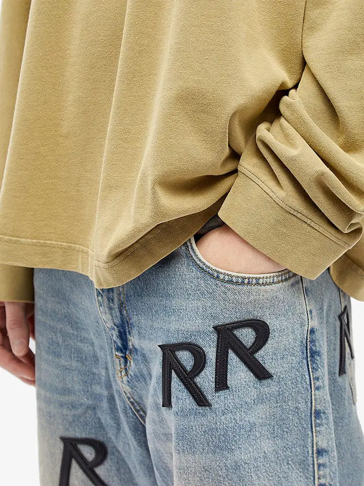 Represent American Rep Street Style Loose Denim Washed and Distressed Leather Label Embroider Straight-leg Casual pants