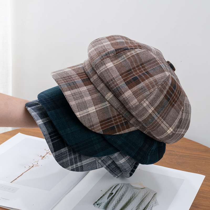 British Retro Curry Color Beret Japanese Literary Octagonal Cap Female College Style Painter Hat Plaid Newsboy Hat Male