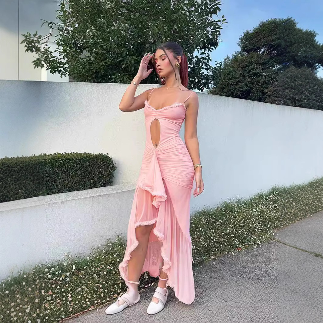 2025 European and American foreign trade women's temperament sling hollow mesh sexy lace irregular dress women's wholesale
