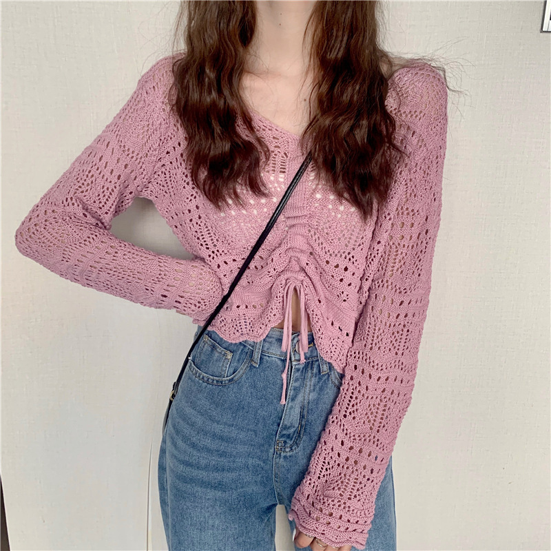 Hollow Thin Top Summer 2024 New Drawstring V Neck Short Outer Wear Sun Protection Shirt Sweet and Spicy Short-Sleeved Knitted Women