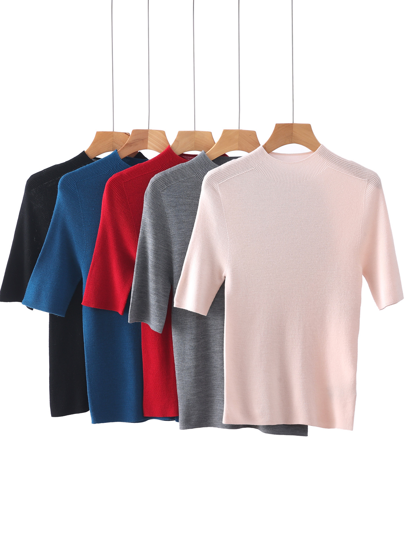 11-Color Seamless One-Piece Fine-Spun 100% Wool Thin Half-Turtleneck Short-Sleeve Women's Base Layer Shirt