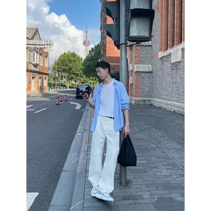 Small Fresh Outfit White Denim Cleanfit Drape Straight-leg Men's Pants Easiest for match Trendy K-style Casual Pants