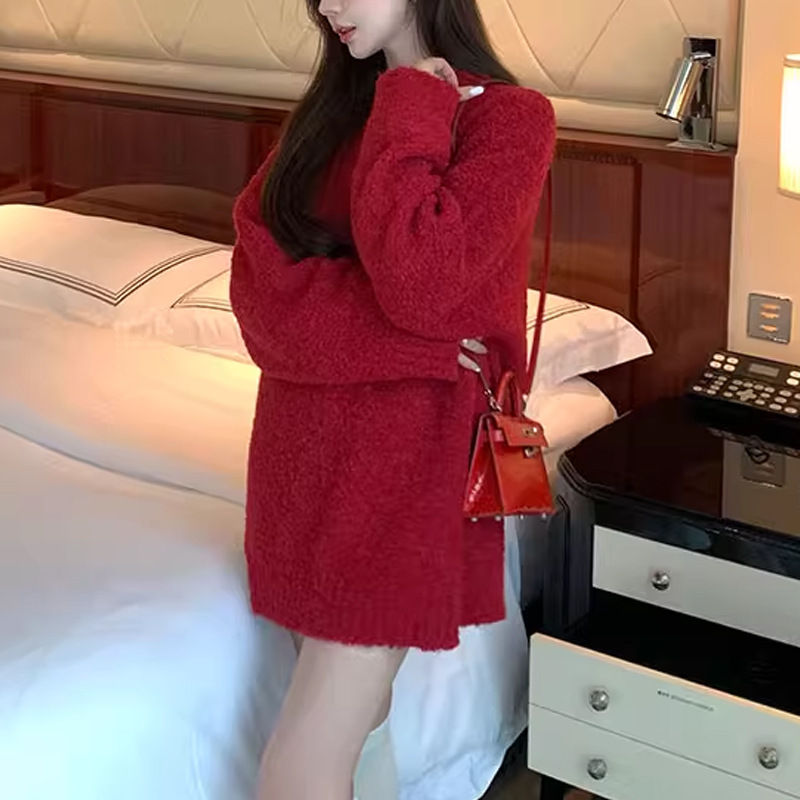 Autumn New Mohair Wool Retro V-Neck Pullover Sweater for Women, Gentle and Lazy Style Top