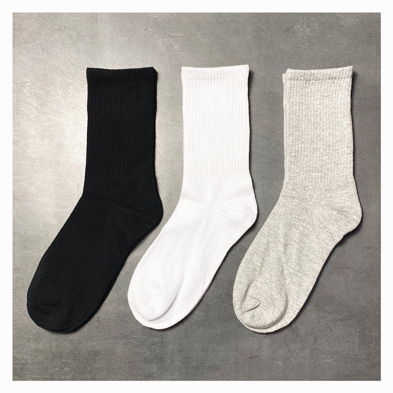 Solid Color Black and White Gray Socks Mid-Calf Socks Ins Harajuku European and American Sports Autumn and Winter Long Basketball Socks for Men and Women Couples