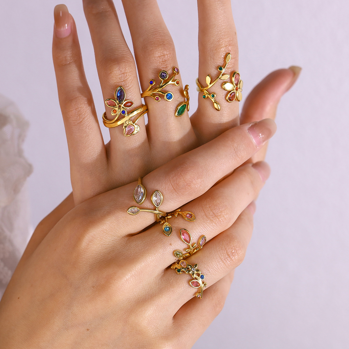 Cross-Border Hot-Selling Rainbow Zircon Leaf Ring for Women, 18K Gold Stainless Steel Adjustable Ring, French-Style Jewelry Wholesale