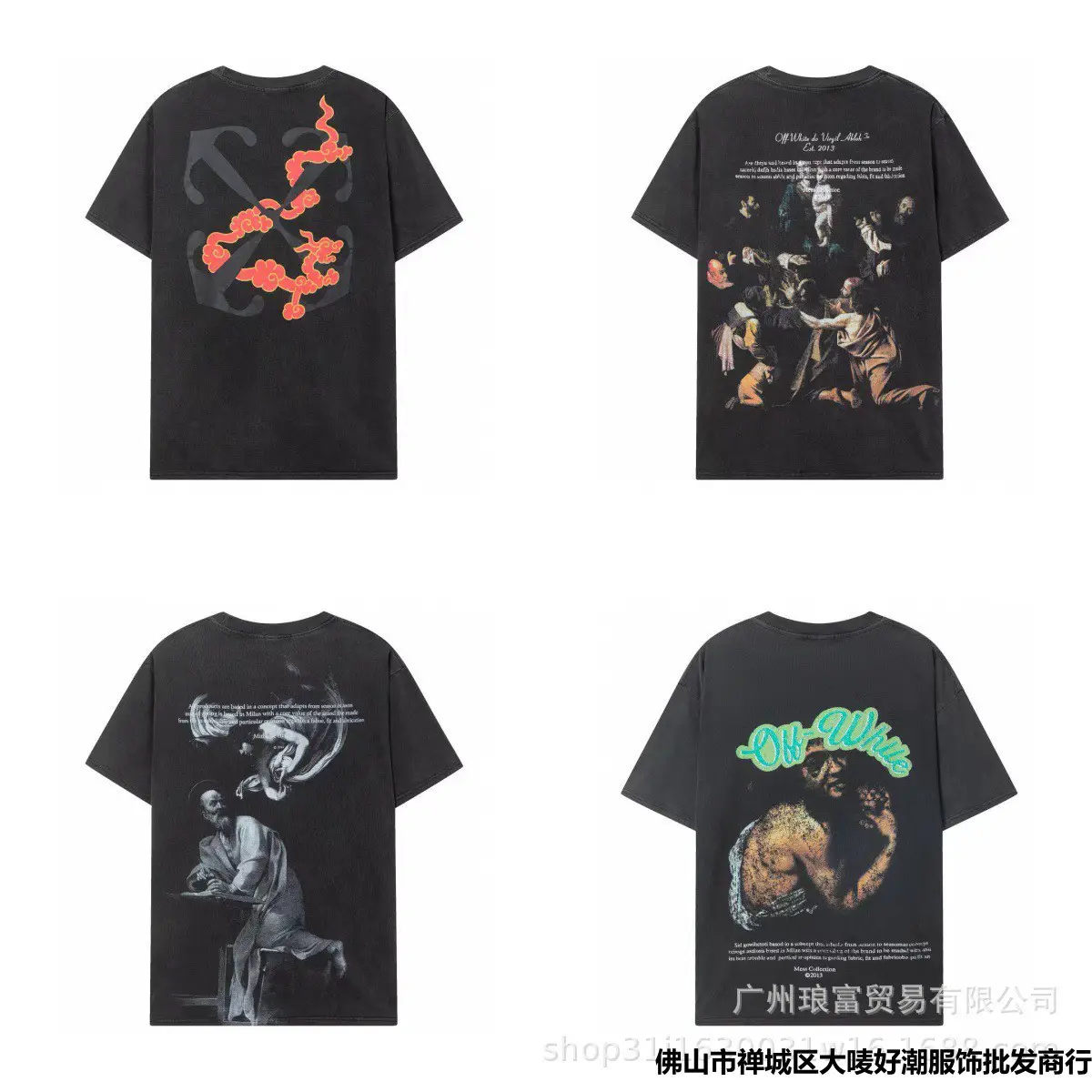 Europe and the United States new street tide OFF OW oil painting portrait printing old wash models men and women models short-sleeved T-shirt wholesale