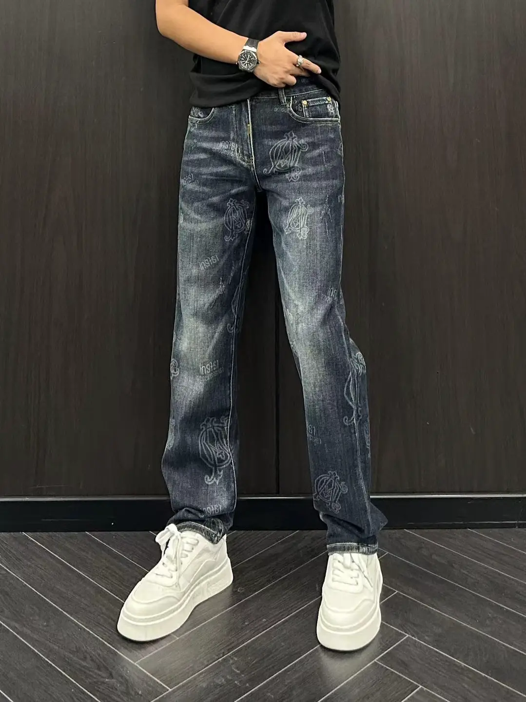 Autum High-End Accessible Luxury Yuppie Fashion Trendy Laser Burnt Flower Plaid Cotton Loose Straight-leg Casual Denim Men