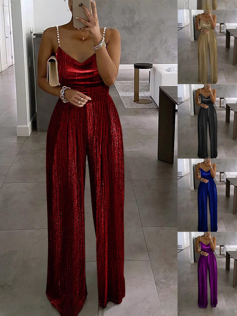 European and American Cross-border 2024 Spring and Summer New Women's Wish Wide Leg Pants Tight Waist Dress Elegant Strap Beaded Pants