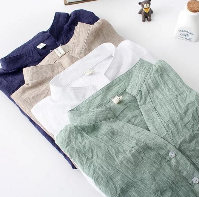 In-Stock 2026 Spring/Summer Sun-Protective Clothing Japanese Style Fresh Loose Cotton-Linen Three-Quarter Sleeve Stand Collar Linen Shirt for Women Trendy