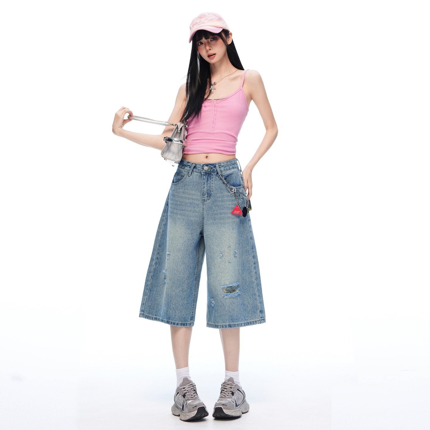 American Retro Style Ripped Cropped Jeans for Women, 2026 Summer New Thin Loose Wide-Leg Casual Straight Mid-Length Pants