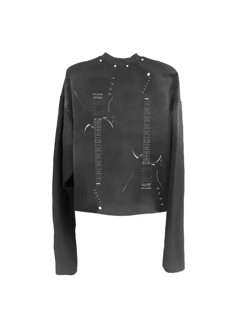 Detw 24Aw Original Washed Dark Black "Portrait Guitar" Rivet Light-Colored Slogan Long-Sleeve Design for Men and Women