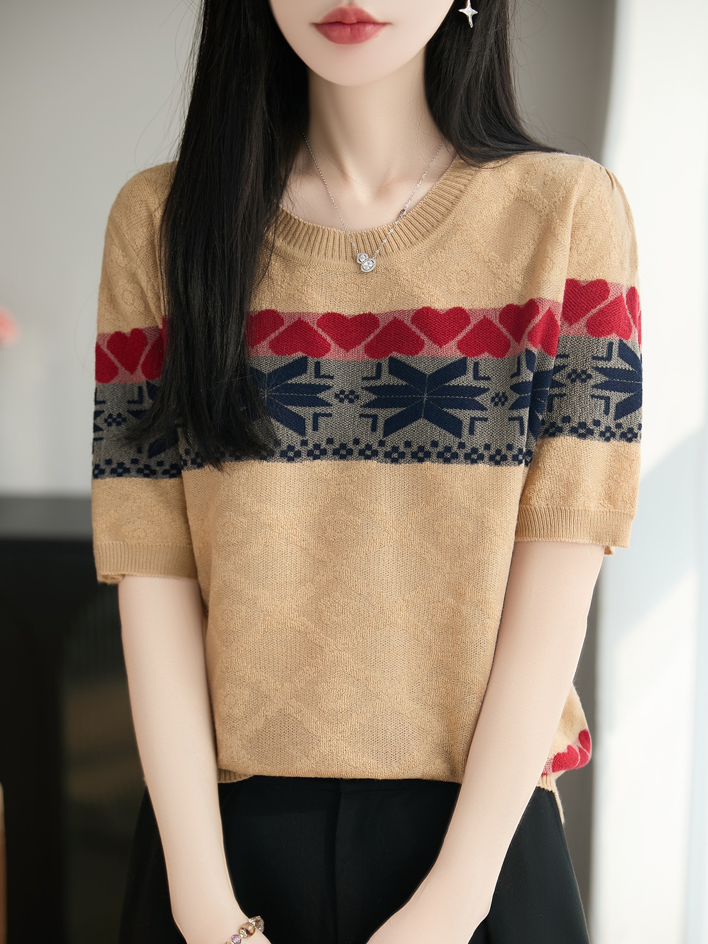 Summer Fine-Spun Wool Organza Retro Jacquard Knit Short-Sleeve Women's Round-Neck Striped T-Shirt Versatile Base Layer