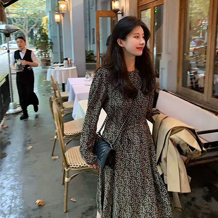 2024 New French Retro Design with Windbreaker Skirt Slimming Look Floral Long-sleeved Dress for Women Spring & Fall