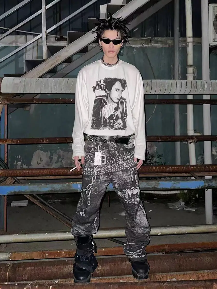 Dnd4Des Little Ghost Wang Linkai's Same Original Design Digital Print 3D Printed Pants Chain Print Straight Pants