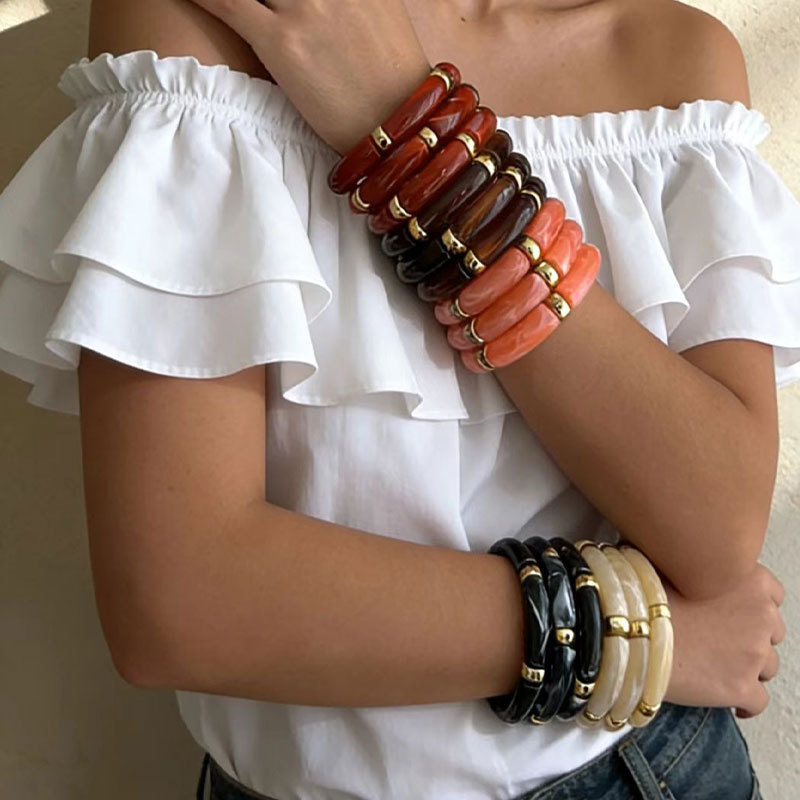 European and American Cross-Border Vintage Curved Tube Beaded Layered Bracelet Set for Women, Minimalist Style Geometric Marble Pattern Bracelet