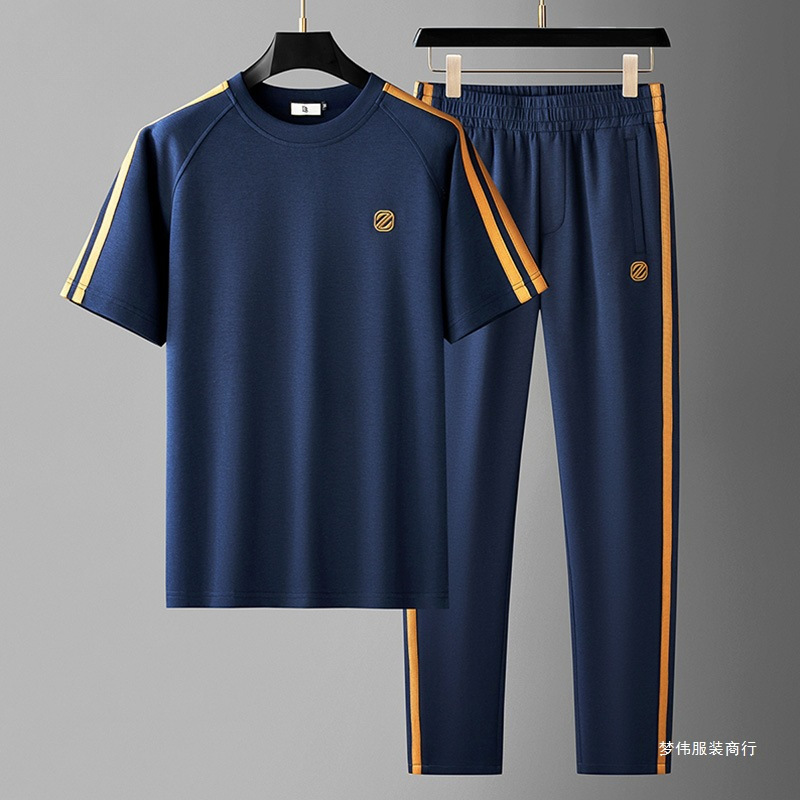 Summer New Men's Handsome Two-Piece Ice Silk Ironing-Free Sweat-Absorbing Breathable Short-Sleeved Sports Casual Set Mengwei