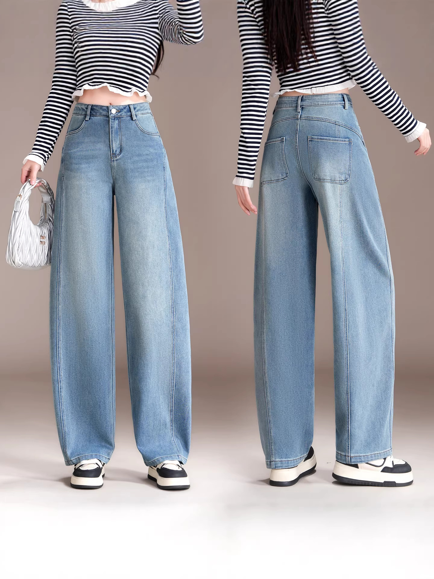 High-Waisted Jeans for Women, Spring and Autumn 2026 New Style, Straight-Leg Banana Pants, Loose Fit, Slimming, Light Blue, Curved Pants