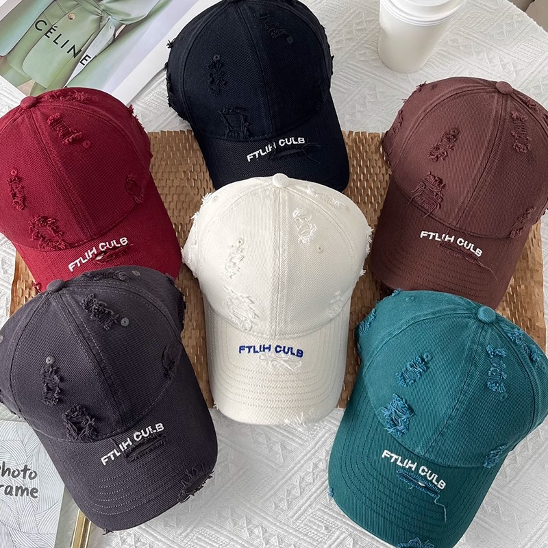 Pure Cotton Wide-Brim Baseball Cap with Letter Embroidery and Distressed Design, Face-Slimming, Unisex Fashion Versatile Cap